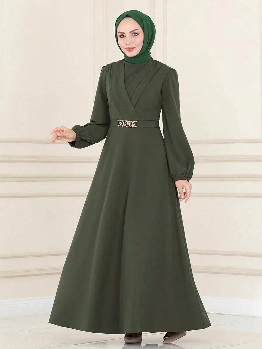 优雅女士圆领纯色收腰长裙 - 橄欖綠 - 查看 1