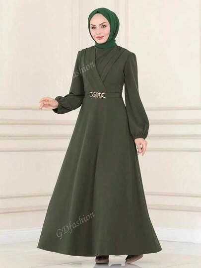 Fashionable Women's High-End Round Neck Plain Color Gorgeous Waist Cinching Long Dress