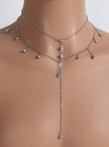 1 pieza Collar con colgante de borlas de doble capa de cristal sintético con estilo bohemio, collar de cadena plateada para mujer, joyería de moda para uso diario y fiestas