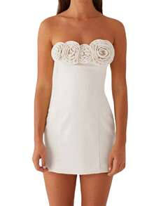 Women Summer Y2k Vintage Strapless Mini Dress Strapless Backless 3D Flowers Slim Fit Tube Dress Club Party Wedding Vacation - 白色 - 查看 5