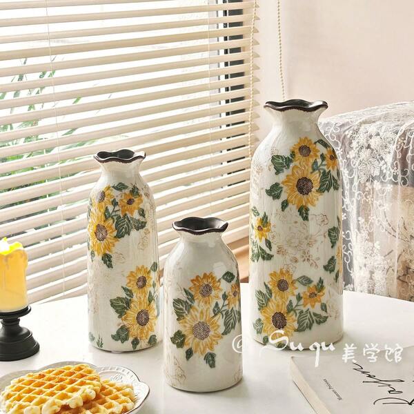 Jarrón de cerámica con efecto craquelado de girasol - Decoración de mesa de granja vintage, jarrón de flores de boca pequeña para el hogar/oficina/cafetería (Hecho a mano con esmalte craquelado de hielo) Decoración del hogar Decoración de habitación Jarrón de vidrio