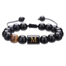 1pc Natural Black Agate 26 Letter Beaded Adjustable Braided Bracelet, Suitable For Various Occasions Like Festivals, Sports, Casual, Business Wear