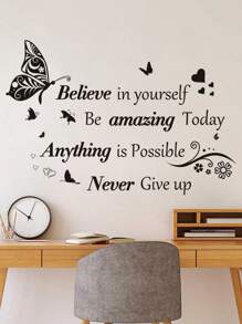 1pc Inspirational Wall Stickers Quotes Letter Wall Art Stickers Motivational Removable Wall Decor Positive Word Butterfly Decals Peel And Stick For Bedroom Living Room Back To School Supplies, Black Wall Stickers, Wall Decal, Vinyl Decal For Home Decorations, Rama Decoration Stickers Gifts Birthday Graduation