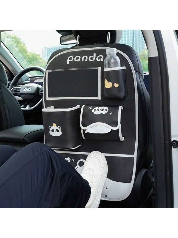 1pc Panda Car Seat Back Organizer With Anti-Kick Pad, Multi-Functional Storage Bag, Cute Cartoon Design, Black & White PVC Material, Fit For Cars, Includes Water Bottle Holder & Accessories, Car Storage