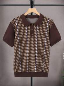 Camisa polo masculina retrô com estampa pied-de-poule de malha e manga curta