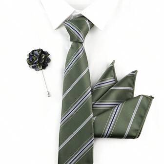 ZONFAZ 3 件套男士时尚百搭条纹领带、口袋巾和花卉胸针套装，适合婚礼庆典、派对和正式活动