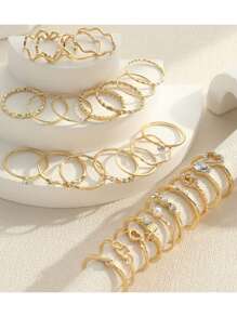 28pcs/Set Fashionable Ring Set With Heart Shaped Design, Geometric Style And Bohemian Element Accent