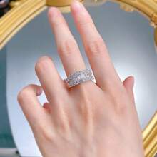SHE IN Cubic Zirconia Three Row Eternity Ring For Women Round Cut CZ Sterling Silver Wide Wedding Bands Rings For Her