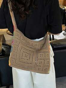 Yogodlns 极简针织单肩包、波西米亚风钩针手提包、复古蕾丝镂空钱包、女士休闲腋下斜挎包、时尚网眼钩针单肩包、休闲购物袋、大容量针织旅行钱包/手提包 - 卡其色 - 查看 2