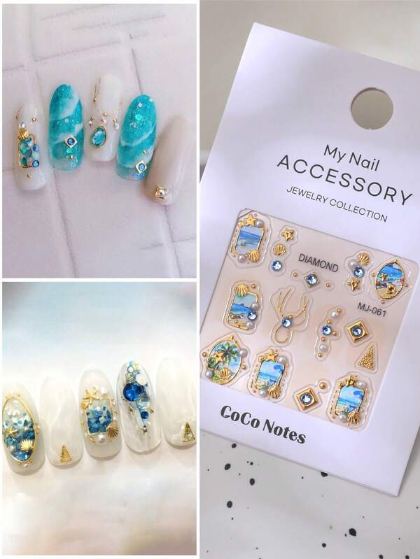 CoCo Notes 1 Set (2pcs) Summer Seabreeze 5D Embossed High-Quality Golden Nail Art Stickers, AAA Flat Rhinestones Manicure Decals For Ocean, Shell DIY Accessories Stickers