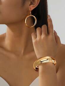 3 件简约光滑金属手镯和环形耳环套装，女士复古时尚珠宝，适合夏季、日常佩戴、街头风格