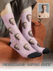 1 paire de chaussettes mi-longues personnalisées pour hommes, avec n'importe quel visage imprimé dessus. Chaussettes personnalisées avec photos, chaussettes moyennes et longues amusantes et personnalisées, convenant pour des occasions telles que la Saint-Valentin