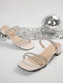 Spring/Summer Fairy-Style Square Toe Thick Heel Sandals, Fashion Versatile Multi-Strap French Crystal High Heels For Women, Suitable For Dating, Shopping, Party, Banquet, Commuting, Business - Beige - View 7