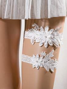 2pcs/Set White Lace & Blue Faux Pearl Floral Romantic Wedding Bride Bridesmaid Sexy Garter Thigh Chain Suit - A - View 9