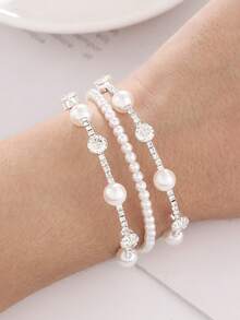 1 件新款三排珍珠和水钻手链，银色/金色弹力线时尚简约水钻手链，韩式配饰 - 銀色 - 查看 4
