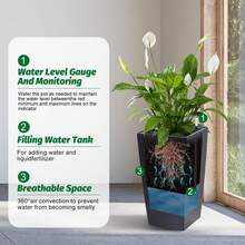 Home Decor 16" Tall Planters Set Of 2, High Front Porch Planter Pots With Drainage Holes&Water Level Monitor&Inner Bucket, Automatic Watering Indoor Plant Flower Pot(16inch,Black) - 黑色 - 查看 3