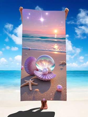 1 pieza Toalla de playa con estampado de estrella de mar y conchas de colores, manta de playa extra grande de microfibra ultra suave, toalla de baño súper absorbente, adecuada para viajes, piscina, buceo, surf, yoga, campamento, disponible en varios tamaños, accesorios de playa, artículos esenciales de playa