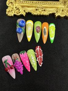 10 Pieces Handmade Press-On Nails, Exquisite Nail Art, Fruit,Hand-Carved Designs, Stunning Leopard Print Patterns, Pink And Yellow Floral Accents, Glittering Artificial Diamonds, Perfect For Spring And Summer Wear, Ideal For Everyday Outfits Or Party Occasions - 彩色 - 查看 13