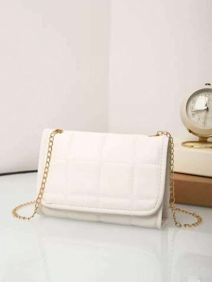 1pc Quilted Plaid Flap Shoulder Bag With Mini Metal Chain, Stitched Mini Crossbody Bag