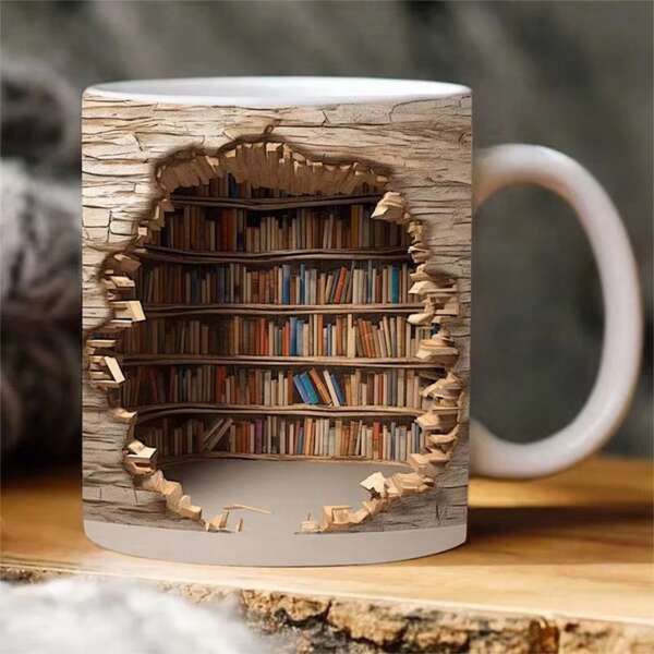 1pc, Book Shelf Coffee Mug, Ceramic Coffee Cups, Bookshelf Break Through Water Cups, Summer Winter Drinkware, Gifts