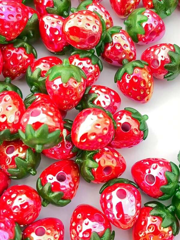 10pcs Strawberry Acrylic Beads - Red & Green With Golden Seeds, Suitable For Bracelets, Necklaces, Phone Chains & Other Craft Parts | Vibrant Beads Design | Craftsmanship, Strawberry Decor