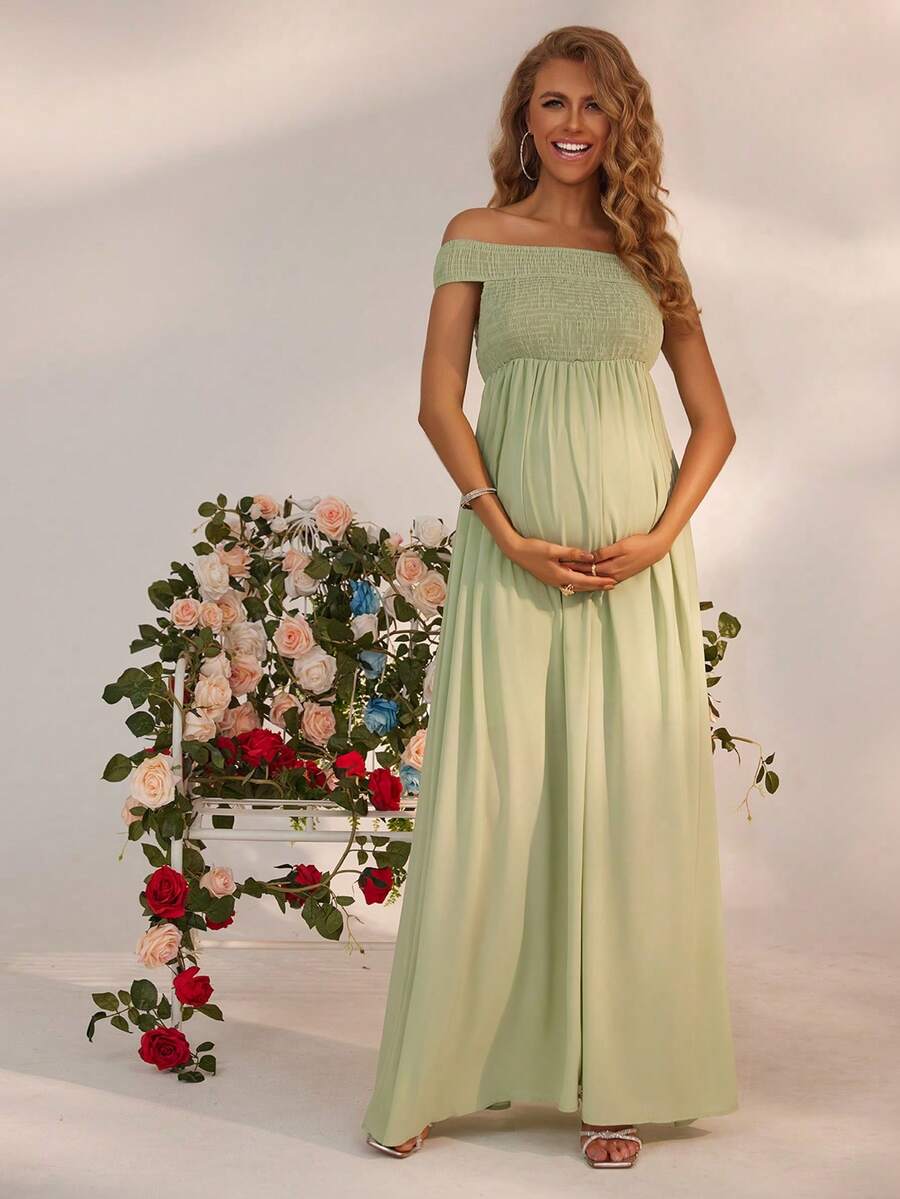 Joyfunear Schwangeren Frauen Einfarbiges Lose Maxikleid mit hoher Taille, Plissee und einem Schulterausschnitt