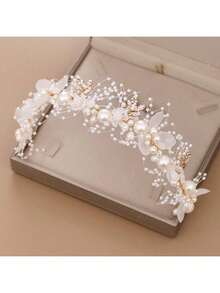 1pc Bridal Hairband, Faux Pearl Flower Bun Headband With Crystal Decor Wedding Hair Accessory Royal Tiaras Valentine's Day Accessories - White - View 1