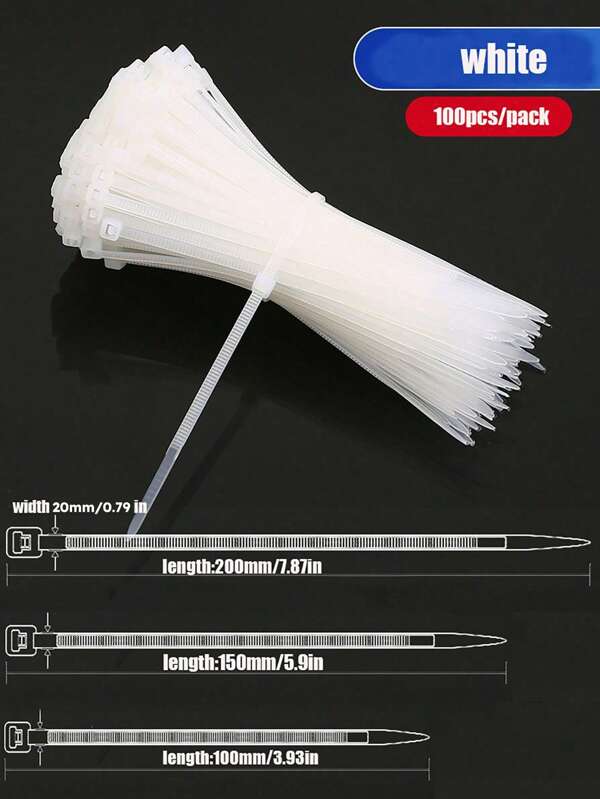 100 Black/White, Colored Cable Ties, Heavy-Duty High-Quality Plastic Ties With Tensile Strength, Self-Locking White Nylon Ties For Indoor And Outdoor Use