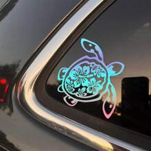 Sea Turtle Hibiscus Flower Car Sticker, Vinyl Die-Cut Floral Turtle Decal For Car Truck Window Laptop, Cute Car Decor Accessories