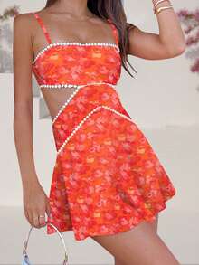 Women's Boho Floral Cut Out Cami Mini Dress Spaghetti Strap Hollow Out Flowy Slip Short Dress Summer Backless Sleeveless Casual Going Out Dresses Beach Vacation Sundress - 橘紅 - 查看 4