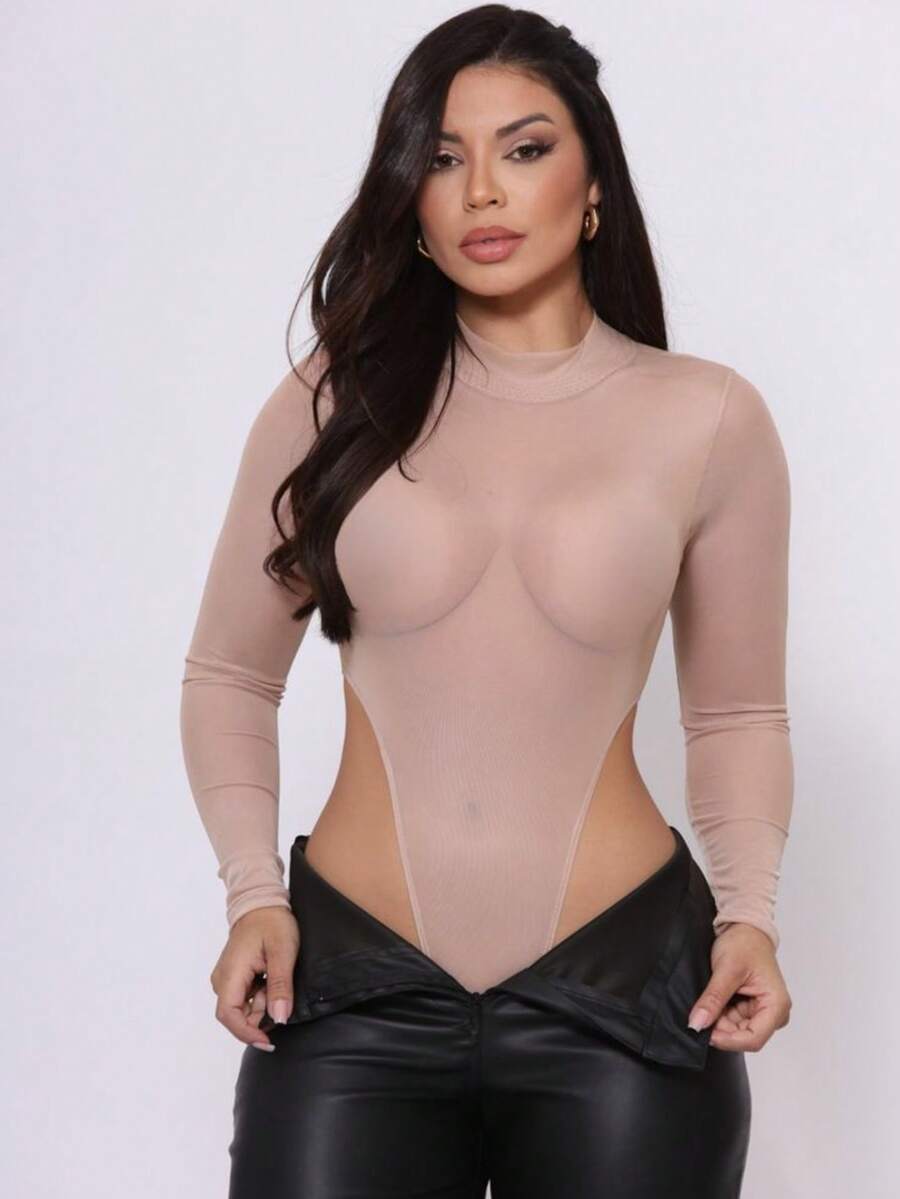 Sexy Tulle Bodysuit With Long Sleeves And Transparent Cutout