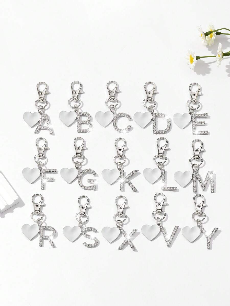 1pc Fashionable European American Luxury Heart Hollow English Letter Shaped Key Chain Pendant, Studded With Rhinestones, Suitable For Women Car Key, Bag Decor, Birthday Gift