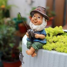 1 pieza Estatua de gnomo de pesca de resina, escultura de jardín, decoración de arte de patio para exteriores, figura decorativa de pescador caprichoso