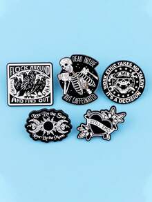 5Pcs Vintage Moon And Sun Enamel Pin Brooch Pines Lapel Pins Badge On Backpack Clothing Accessories Punk Jewelry Gifts - Black and White - View 5