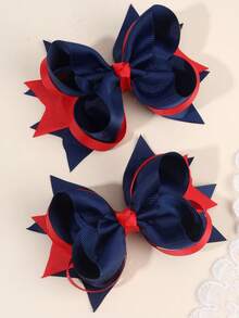 2pcs Navy Blue & White Contrast Bowknot Hair Clips, Satin Ribbon Hair Accessories, Suitable For School, Wedding, Formal Occasions - Multicolor - View 3