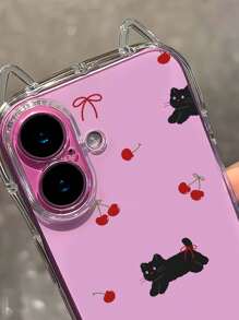 1 pieza Funda de teléfono transparente con gato negro y cereza, diseño de orejas de gato, cojín de aire anti-caída, funda de TPU suave de 1.5 mm con orificio para cordón, apta para iPhone 16/16Pro/16PLUS/16Promax/15Promax/11/12/13/14/15Plus/15Pro/14Pro/13Pro/16E