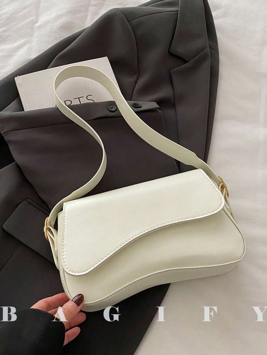 Bolso de hombro con solapa de unicolor minimalista, bolso bandolera clásico con textura para mujeres