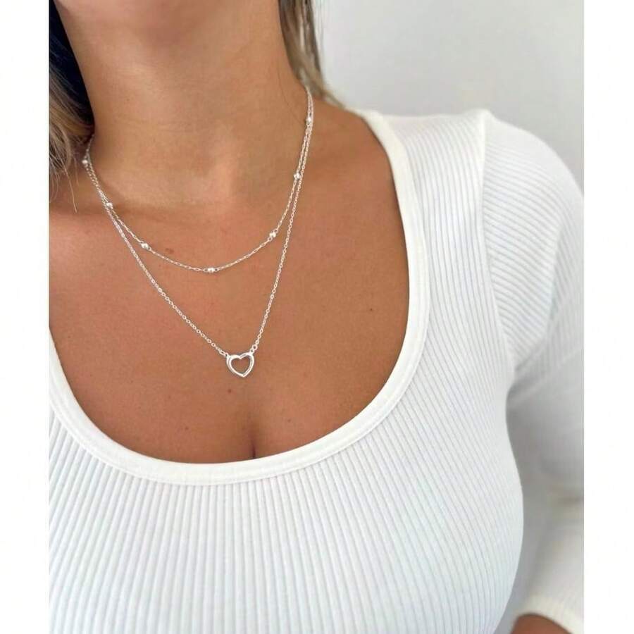 Women's Double Necklace With Balls And Hollow Heart In 925 Silver And 18k Gold Plating - Plateado - Ver 1