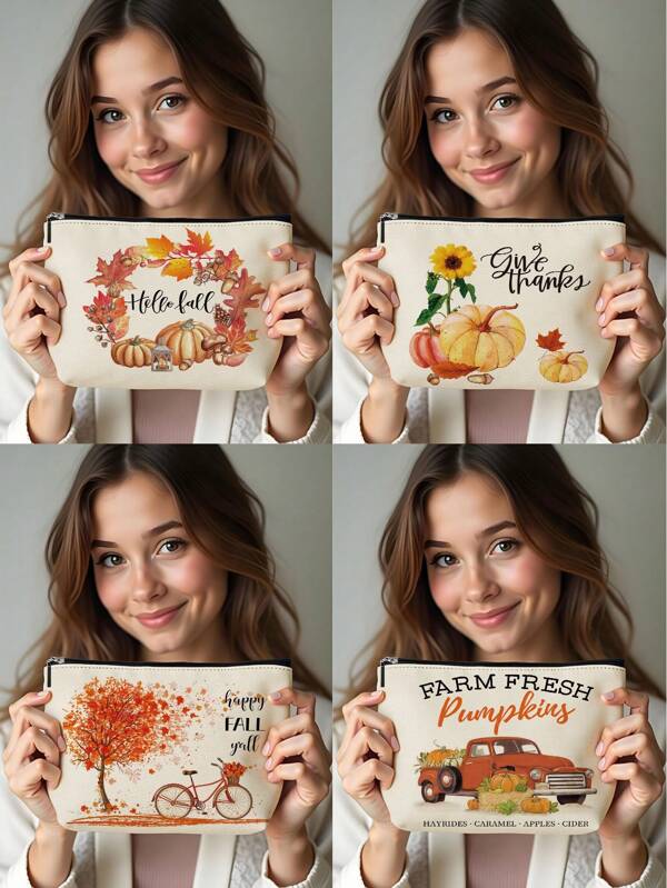1pc Autumn Pumpkin Maple Leaf Tree Alphabet Linen Print Cosmetic Bag, Cute Travel Makeup Case And Multi-Function Coin Purse, Lightweight Gift Essential For Women
