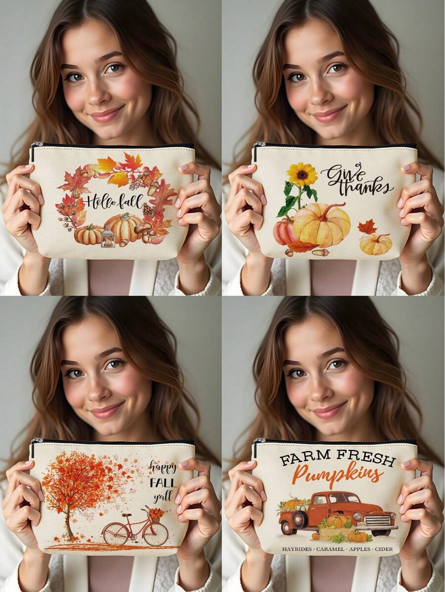 1pc Autumn Pumpkin Maple Leaf Tree Alphabet Linen Print Cosmetic Bag, Cute Travel Makeup Case And Multi-Function Coin Purse, Lightweight Gift Essential For Women