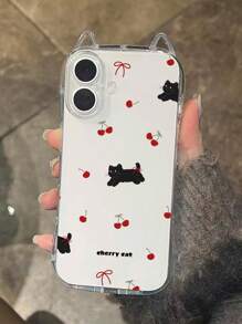 1 pieza Funda de teléfono transparente con gato negro y cereza, diseño de orejas de gato, cojín de aire anti-caída, funda de TPU suave de 1.5 mm con orificio para cordón, apta para iPhone 16/16Pro/16PLUS/16Promax/15Promax/11/12/13/14/15Plus/15Pro/14Pro/13Pro/16E