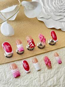 10 Peças de Unhas Feitas à Mão, Design de Efeito Tie Dye 3D, Linhas Desenhadas à Mão, Contas, Flores Entalhadas, Tipo Caixão são Clássicos Feitos à Mão por Mulheres e Meninas, com 1 Peça de Gel e 1 Peça de Lixa Anexadas.