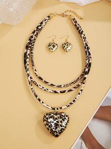 1pc 3-Layer Leopard Print Necklace + 1 Pair Leopard Heart-Shaped Pendant Earrings, Suitable For Women's Everyday And Party, Easily Create A Fashionable Look, Making You Standout!