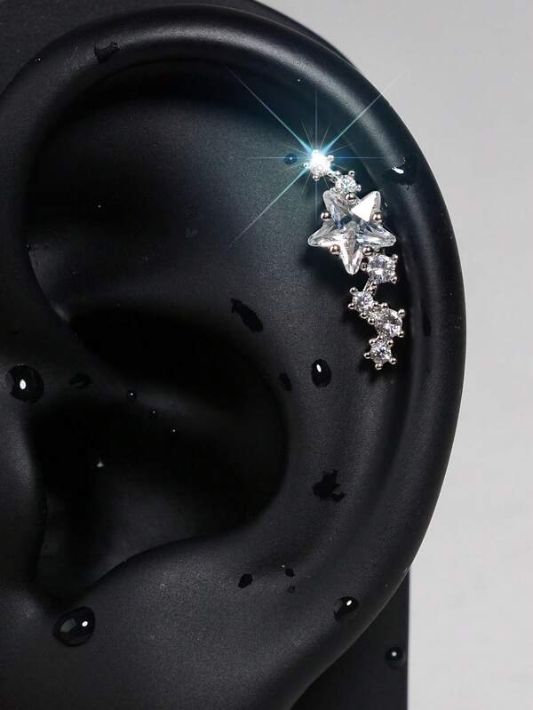 1PC 18K Złoto Miedź BEZ Matowienia Stal nierdzewna Błyszcząca Cyrkonia Łuk Kształtny Gwiaździsty Kolczyk Dla Kobiet Wewnętrzny Gwint Płaski Tył Helix Tragus Płaskie Kolczyki Płatek Chrząstki Piercing Ucha Biżuteria Impreza Codzienne Akcesoria