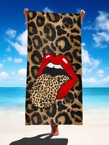 1pc Leopard Print & Red Lips Pattern Beach Towel, Oversized Super Absorbent Fiber Blanket Suitable For Travel, Pool, Diving, Surfing, Yoga, Camping, Multiple Sizes, Beach Accessories Beach Essentials - Multicolor - View 1