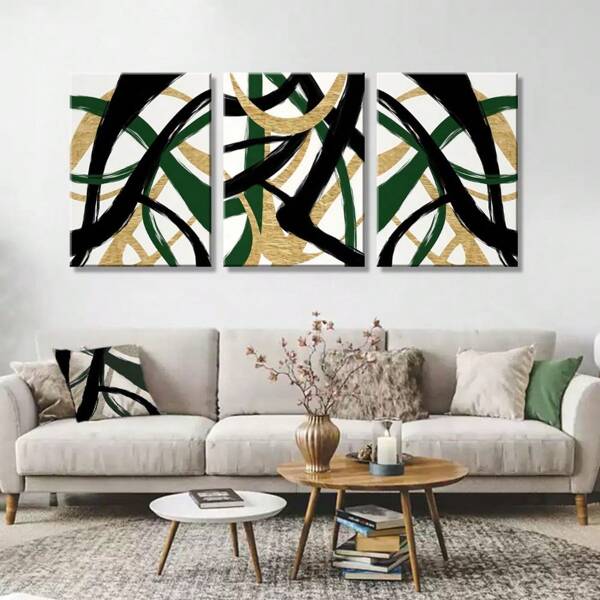 3 piezas de Arte mural de lienzo enmarcado abstracto con líneas, moderno en negro, verde y dorado - Impresiones de trabajo geométrico de pinceladas abstractas enmarcadas, empaquetado de galería, arte para sala de estar, dormitorio, oficina y decoración del hogar