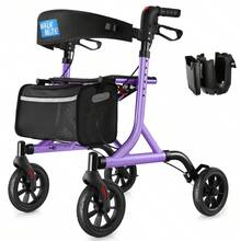 WALK MATE Rollator Walker For Seniors With Cup Holder, Upgraded Thumb Press Button For Height Adjustment, 4 X 8" Wheels Walker With Seat Padded Backrest Folding Lightweight Walking Aid - 紫色 - 查看 2