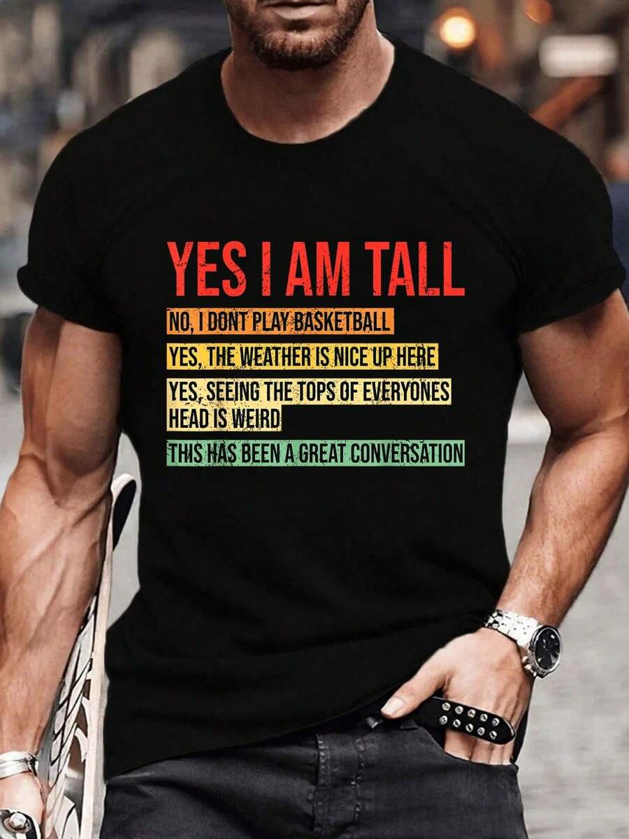 100% Cotton Yes I Am Tall T-Shirt Women's Men's Graphic Tee Causal Tops Fashion Tshirt Short Sleeve T-Shirt - 黑色 - 查看 1