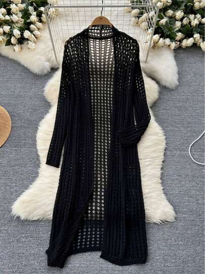 Cardigan tricoté décontracté pour femmes, couleur unie, coupe ample avec design ajouré, veste élégante en tricot, style bohème, vacances à la plage, printemps/été noir