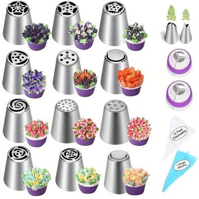 27pcs Russian Icing Piping Nozzles Set - Stainless Steel Cake Decorating Tips, Baking Tools